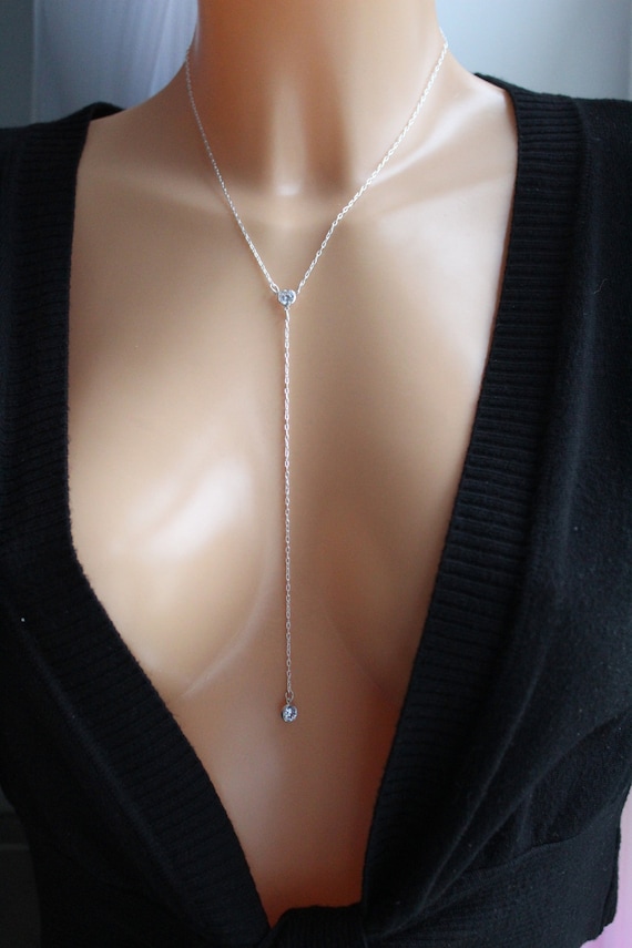 Long Back Drop Necklace with Cubic Zirconia and Crystals Sterling Silver Long Back Drop Necklace with Cubic Zirconia and Crystals Sterling Silver