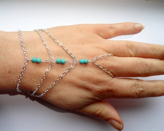 Silver turquoise slave bracelet, Multistrand turquoise slave bracelet, Slave bracelet ring, Turquoise hand bracelet, Slave bracelet UK