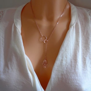 Rose gold Eternity hamsa necklace, Eternity luck necklace, Eternity circle necklace, Hand of Fatima jewelry, Hamsa gifts