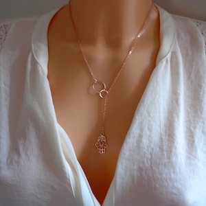 Rose Gold Hamsa Lariat Necklace: Vermeil Eternity Circle Pendant