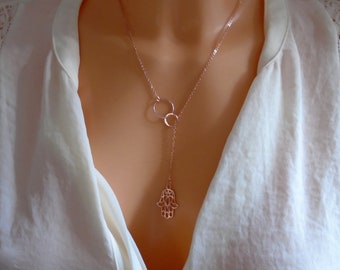 Rose gold Eternity hamsa necklace, Eternity luck necklace, Eternity circle necklace, Hand of Fatima jewelry, Hamsa gifts