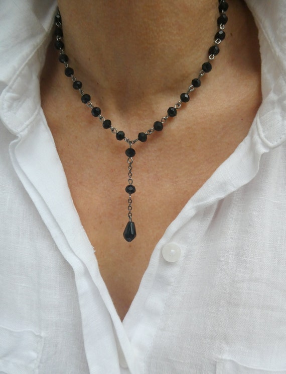 ●ACHA● Greslin Raw Stone Layered Necklace Black AC23FW01 Black Crystal Necklace, Gothic Bridal Necklace, Gunmetal