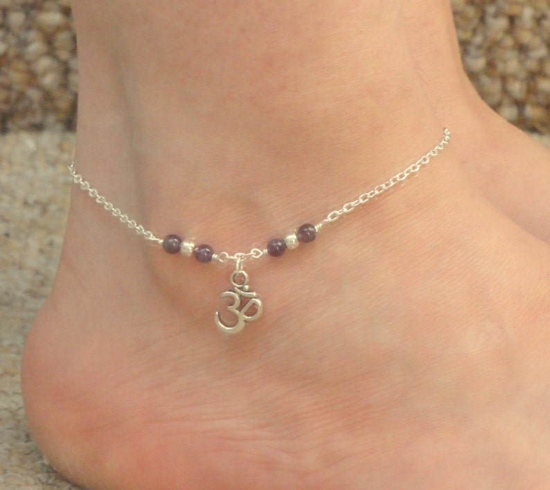 Silver Ohm Amethyst Anklet Silver Om Charm Ankle Bracelet Om - Etsy