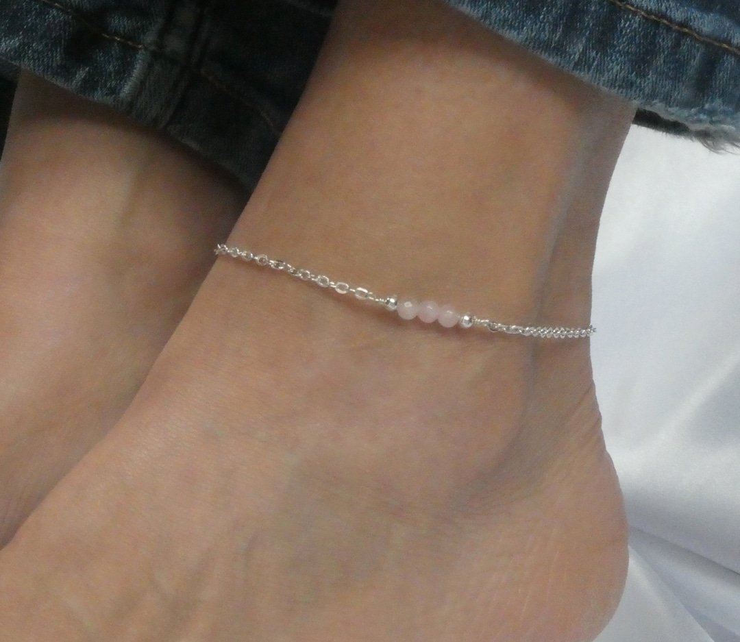 Silver Rose Quartz Anklet: Pink Gemstone Ankle Bracelet - Etsy