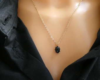 Gold Black Onyx Necklace: Petite black stone Oval Gemstone Pendant