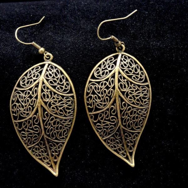 Bronze leaf earrings, Large leaf earrings, Bronze earrings, Boho style earrings, Filigree leaf dangle statement earrings