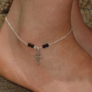 Silver cross onyx anklet, Cross onyx ankle bracelet, Cross jewellery, Silver cross onyx anklet, Religious gift