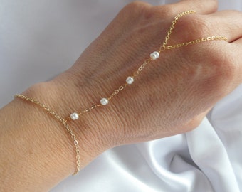 Gold pearl slave bracelet, Slave bracelet ring, Pearl hand bracelet, Pearl bridal bracelet, Freshwater pearl multi strand bracelet