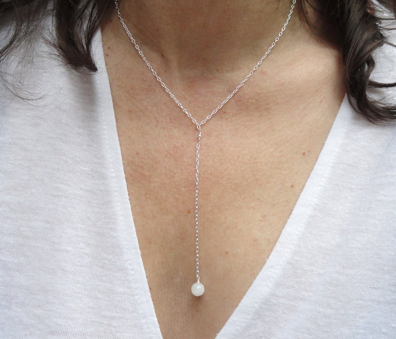 Sterling Silver lariat moonstone necklace, Silver Y drop moonstone necklace, June birthstone gift, Silver necklace, Moonstone necklace image 4