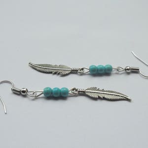 Boho earrings, Feather and turquoise earrings, Silver bohemian feather earrings, Boho turquoise earrings, Boho jewellery