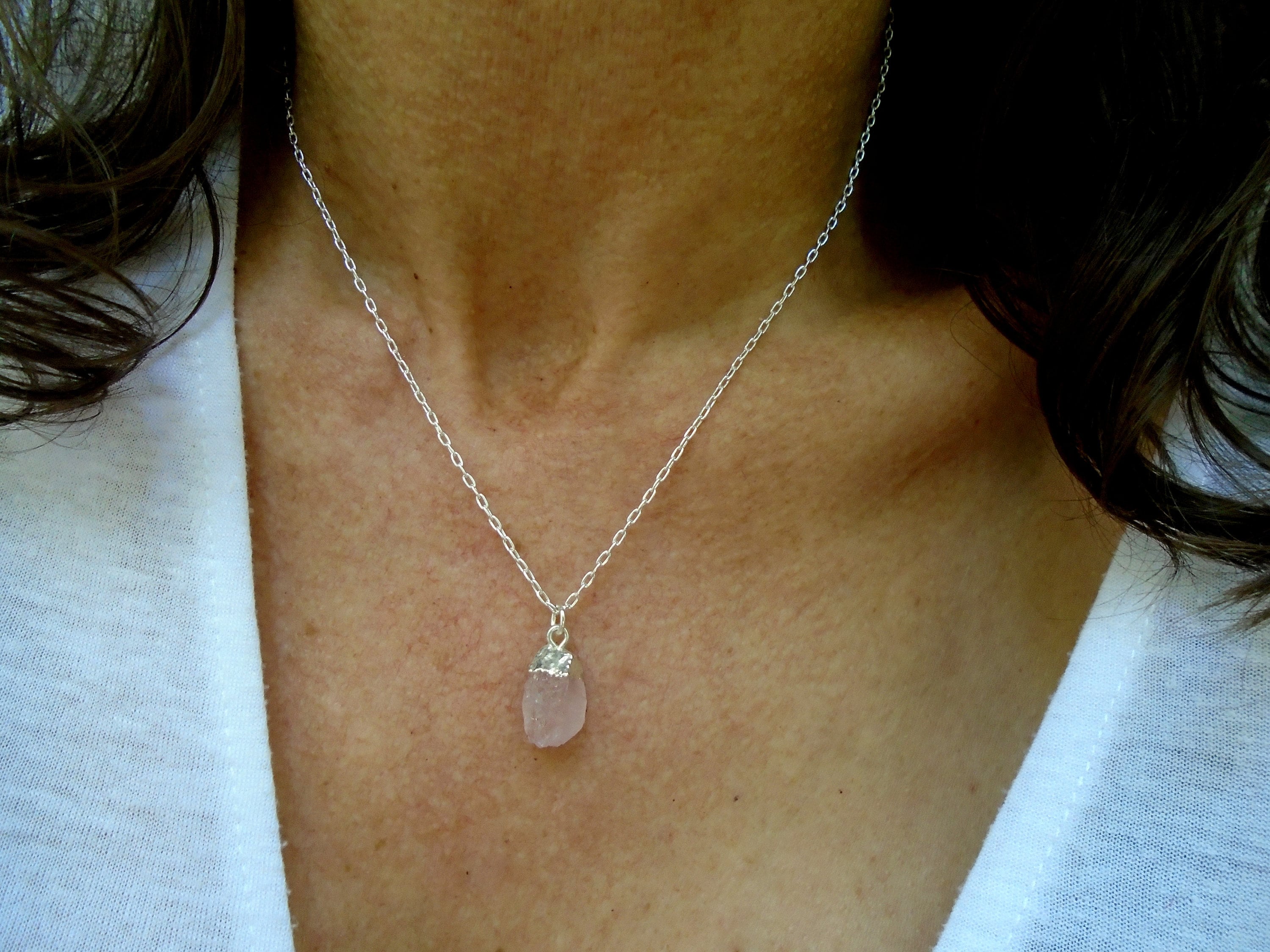 Raw Rose Quartz Necklace Sterling 