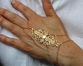 Sklavenarmband, Gold-Sklavenarmband Ring, Gold-Handarmbandring, Boho-Handschmuck, Brautarmband, Gold-Fingerarmband im Boho-Stil