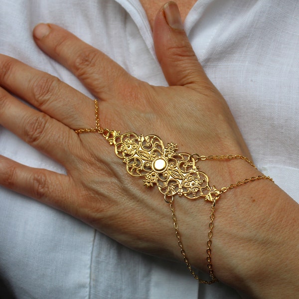 Slave bracelet, Gold slave bracelet ring, Gold hand bracelet ring, Bohemian hand jewellery, Bridal bracelet, Boho style gold finger bracelet