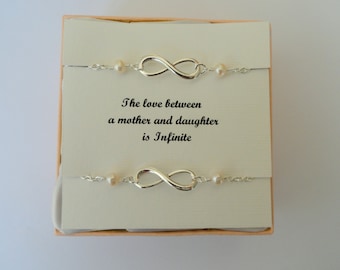 Mother daughter infinity pearl anklet gift, Two infinity pearl anklets, Silver infinity pearl ankle bracelet, Infinity pearl anklet