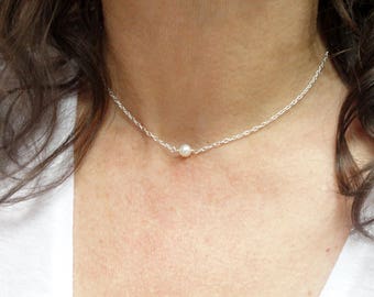 Sterling silver pearl necklace, Freshwater Pearl choker necklace, Pearl solitaire necklace, Bridal pearl necklace, June birthstone gift