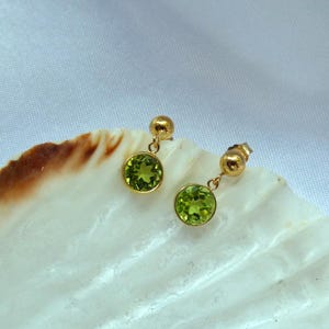 Gold peridot earrings, Dainty peridot stud dangle earrings, Round peridot drop earrings, August birthstone gift, Birthday gift, Gift for her