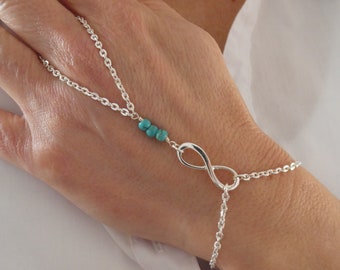 Infinity silver chain turquoise slave bracelet, Silver slave bracelet, Finger bracelet, Bridal bracelet, December birthstone gift