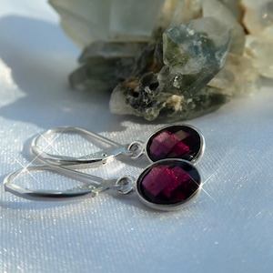 Oval garnet leverback earrings, Silver garnet lever back earrings, January birthstone gift, Anniversary gift, Petite faceted garnet earrings