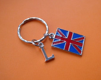 Union Jack keyring, British flag keychain, Union Jack keyring with initial, Flag initial keyring