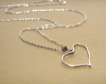 Large heart necklace, Silver irregular heart necklace, Long open heart necklace, Sweetheart necklace, Boho necklace, Girlfriend present