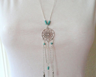 Dreamcatcher necklace with turquoise beads and feather charms, Long silver dreamcatcher necklace, Turquoise multi chain necklace,