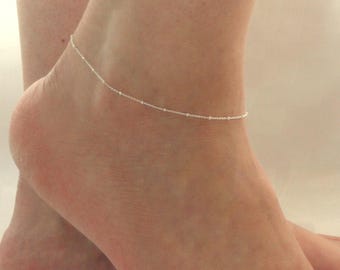 Sterling silver satellite chain beaded ankle bracelet