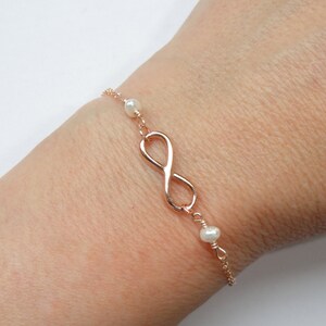 Rose Gold Infinity Bracelet: Freshwater Pearl Eternity Jewelry