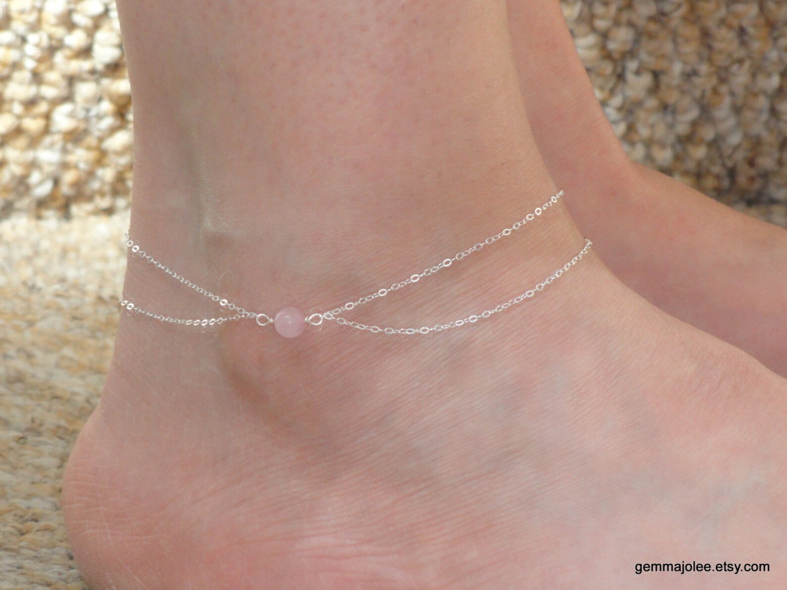 Magnifique Bracelet De Cheville En Quartz Rose Naturel - Fait Main - Corde Cirée - Ajustable