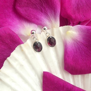 Sterling Silver Garnet Drop Earrings: Dainty Oval Gemstone Dangles