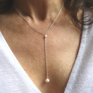Silver Freshwater Pearl Lariat Necklace: Delicate Bridal Jewelry