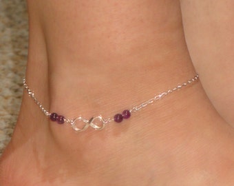 Sterling silver Infinity amethyst ankle bracelet, Infinity anklet, February birthstone gift, Sterling silver anklet, Amethyst anklet