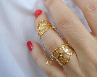 Gold slave ring, Statement ring, Gold filigree adjustable rings, Goth ring, Gothic ring, Filigree ring, Gold chain rings,