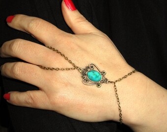 Slave bracelet, Boho turquoise slave bracelet, Finger bracelet, Bronze turquoise hand bracelet, Bohemian hand jewelry, Boho slave bracelet