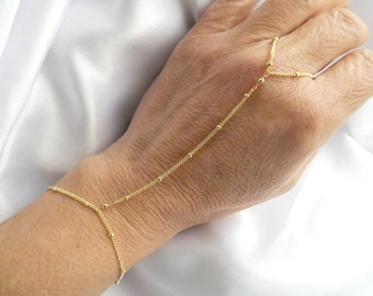 Gold beaded slave bracelet, Slave bracelet ring, Gold fill hand bracelet, Gold satellite bracelet, Delicate bridal bracelet, Finger bracelet