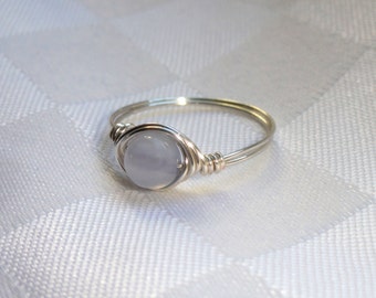Blue lace agate wire ring, Blue lace agate wire wrapped ring, Gemstone ring, Silver wire ring, Blue stone ring, Stone ring