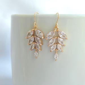 Gold Crystal Leaf Dangle Earrings: CZ Pave Bridal Jewelry