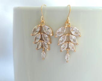 Gold Crystal Leaf Dangle Earrings: CZ Pave Bridal Jewelry