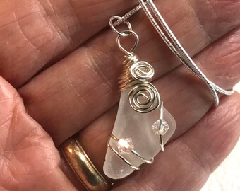 Wire Wrapped Frosty/Clear Sea Glass Pendant