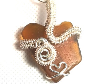 Wire Wrapped Amber/Brown Sea Glass Pendant