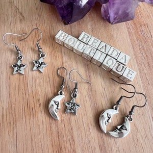 Star Earrings, Moon Earrings, Moon or Star Face Earrings or Sun Earrings. You Choose, Moon or Star or Sun, or Mismatch Moon Star Earrings