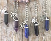 Crystal Necklace Crystal Lotus Necklace Healing Crystals elephant Crystal Hamsa Ohm Buddha Amethyst Lapis Black Agate