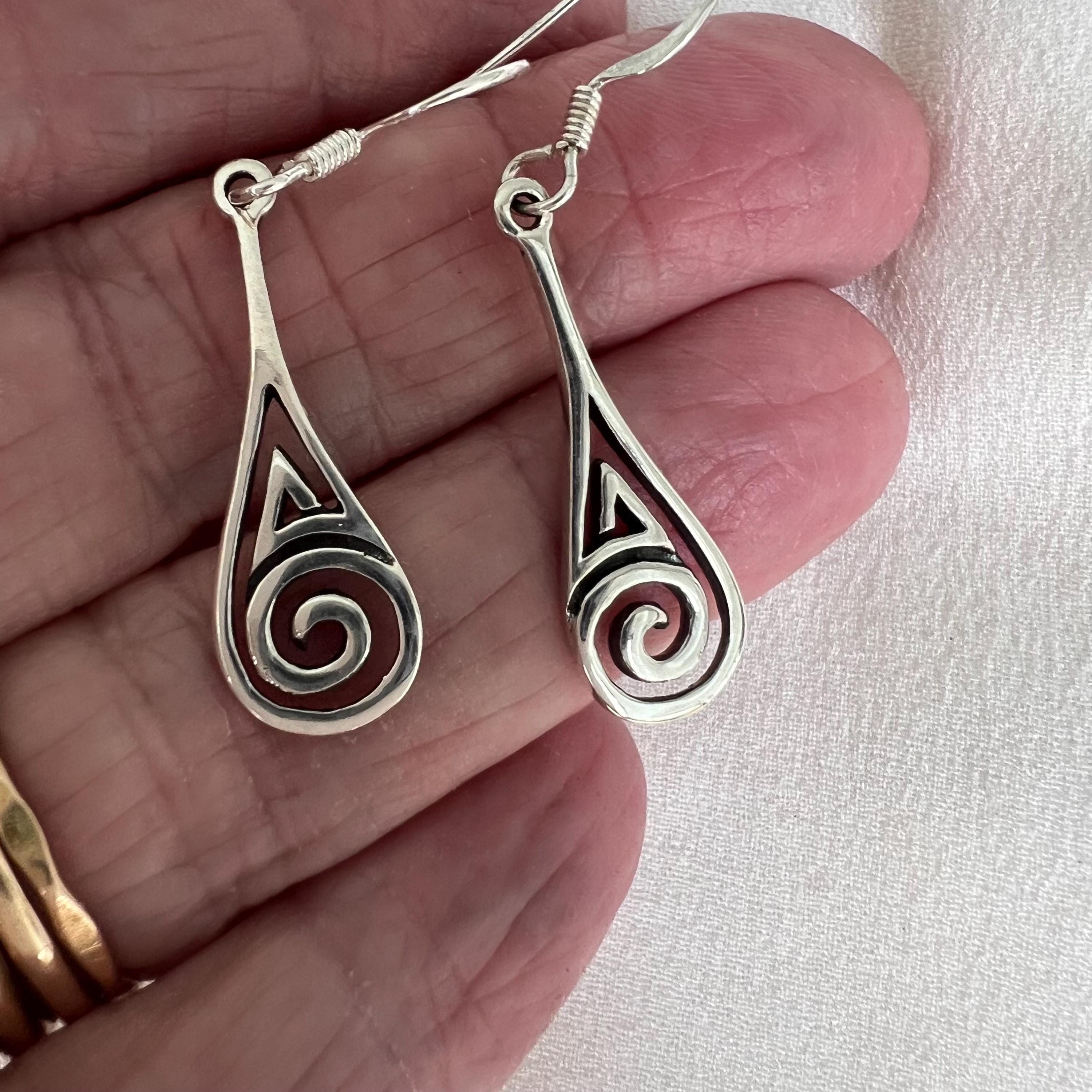 Sterling Silver Celtic Triskele Drop Earrings: Irish Spiral Jewelry, Triskelion Swirl Dangles
