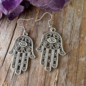 Hamsa Evil Eye Dangle Earrings: Filigree Boho Jewelry,  Large Hand of Fatima Pendants