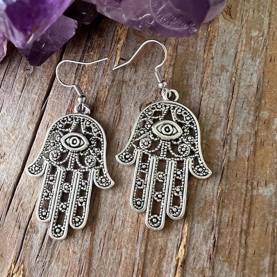 Hamsa Evil Eye Dangle Earrings: Filigree Boho Jewelry, Large Hand
