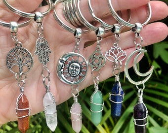 Compass Crystal Keychain, Tree of Life Charm Keychain, Lotus Keychain, Wrapped Crystal Tree Key Chain, Gemstone Key Ring pl