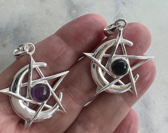 Silver Pentacle Moon Pendant Onyx or Amethyst, Sterling Pentagram Wicca Jewelry Gift