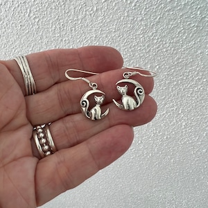 Cat on Moon Earrings, Sterling Cat Earring, Silver Cat Moon Charm, Silver Kitty Pendant, Cat Moon