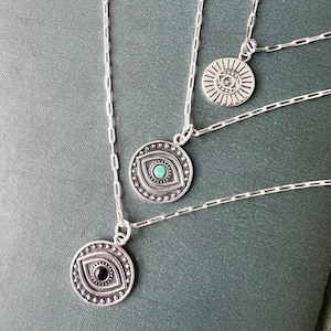 Sterling Silver Evil Eye Pendant Necklace: Italian Paper Clip Chain
