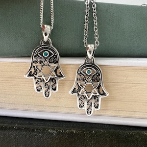 Sterling Silver Hamsa Star of David Necklace: Evil Eye Protection Pendant