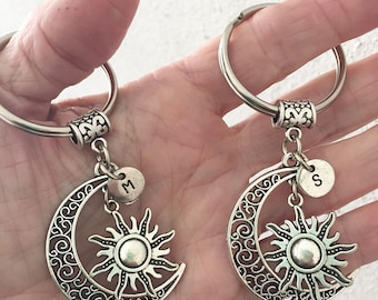 2 Crescent Moon Keychains/ Initial Moon Key Chains/ Best Friend Sun Moon Keyrings/ Initial Key Rings/ Custom Sun Moon Charm Keychains